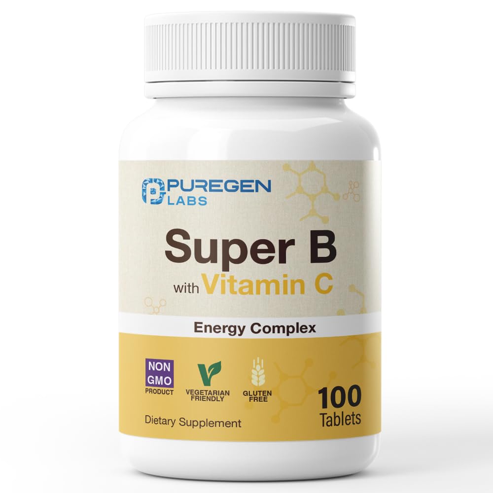 Kompleks Energi Super Lab Puregen B dengan Vitamin C - Imune Kesehatan, Energi dan Dukungan Sistem Gugup - Non-GMO, Gluten- Bebas 100 tablet Vegetarian
