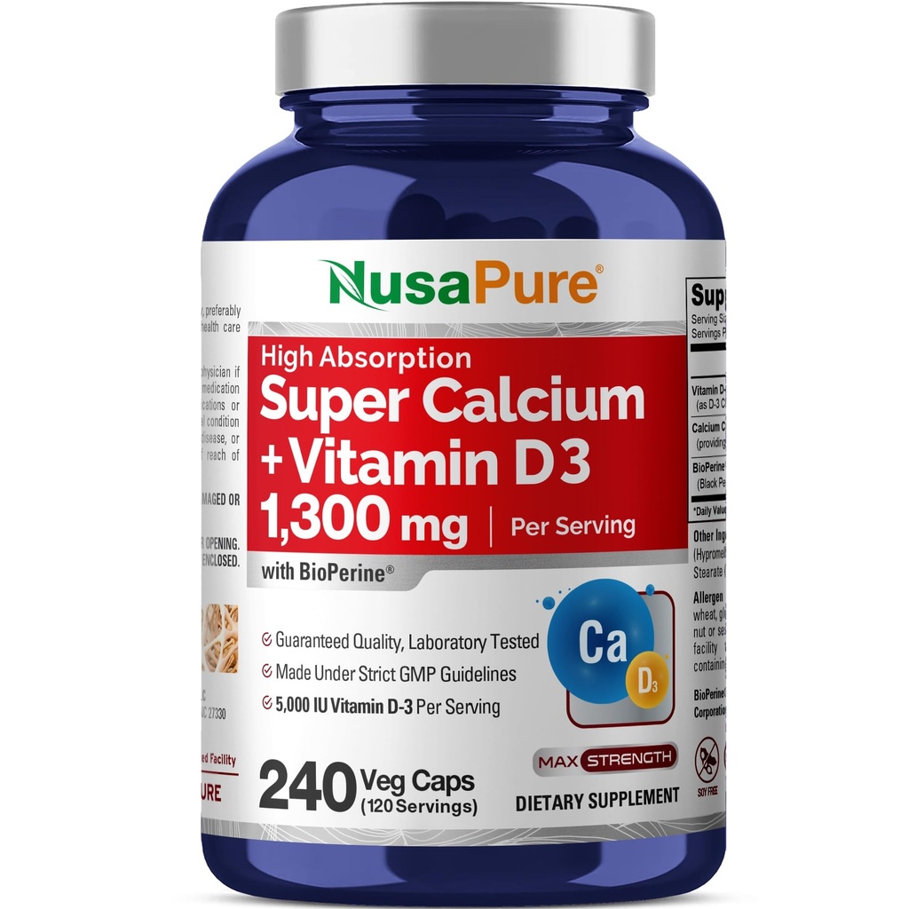 NusaPure Super Calcium 1300mg, Vitamin D3- 240 Veggie Caps (Non-GMO, Soyfree, Bioperine)