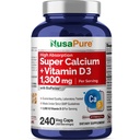 NusaPure Super Calcium 1300mg, Vitamin D3- 240 Veggie Caps (Non-GMO, Soyfree, Bioperine)