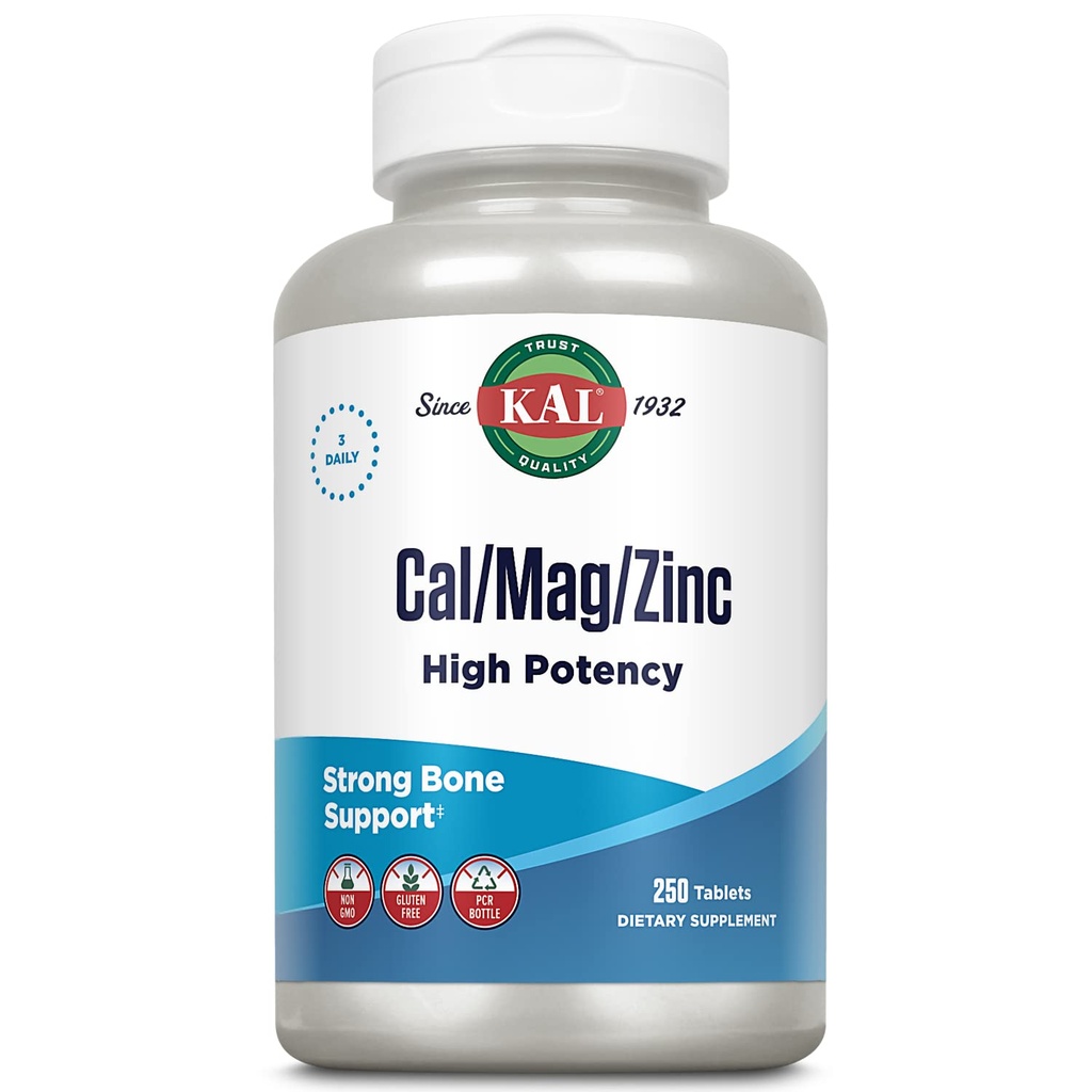 KAL Cal / Mag / Zinc 124; 100mg Kalsium, 400mg Magnesium & 15g Zinc Zinc 124; Bone, Muscle, Heart & Imune Dukung 124; 250ct, 83 Serv.