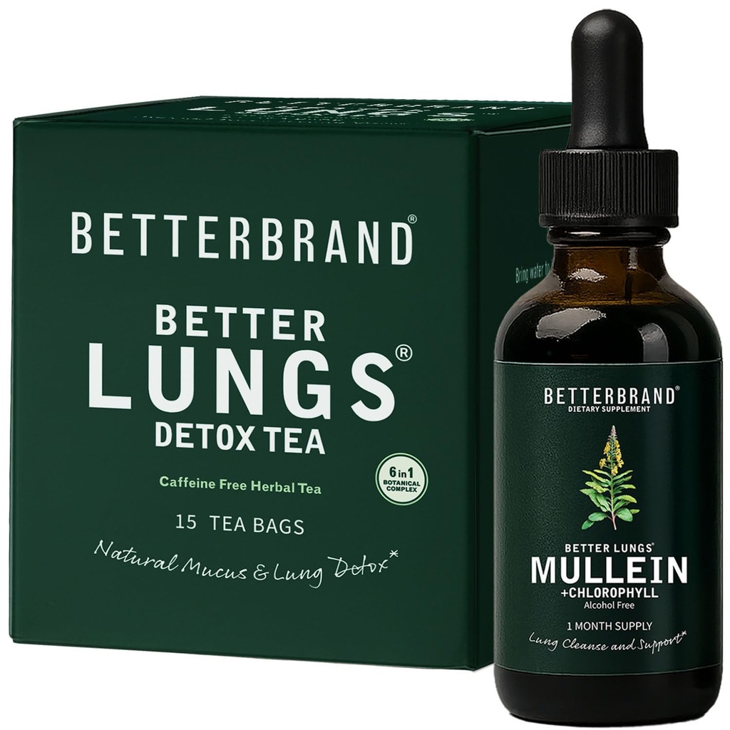 Betterbrand BetterLungs Health Pack - Lebih baik Lungs Detox Tea & Mullein Leaf Tincture Drops £124; (2) Daily Respiratory Wellness