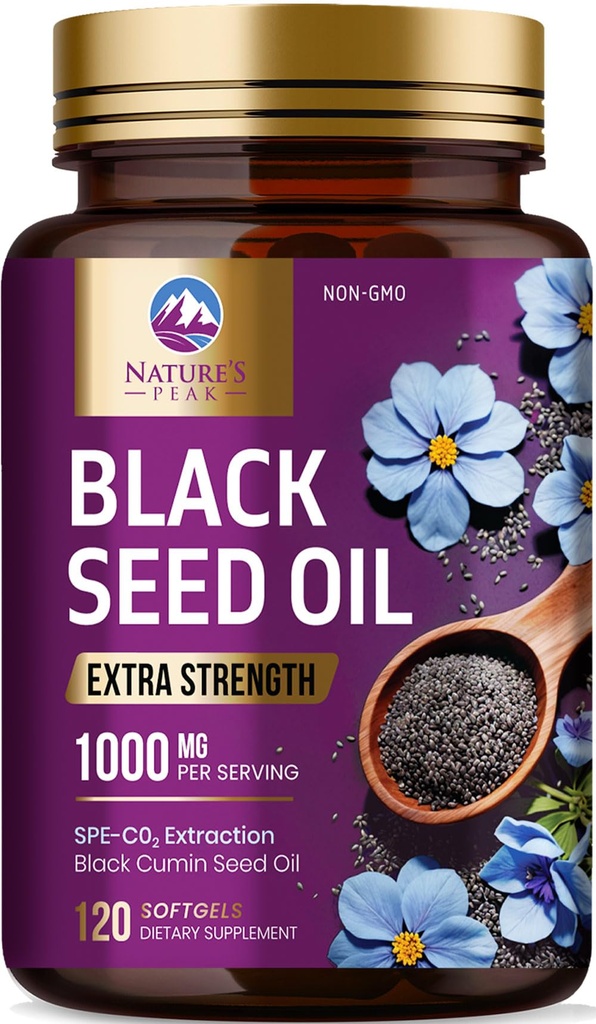 Minyak Benih Hitam 1000mg - Premium Ekstra Kekuatan Nigella Sativa Blackseed Oil - Black Benih Kulit, Kesehatan Digetical & Imune Dukungan