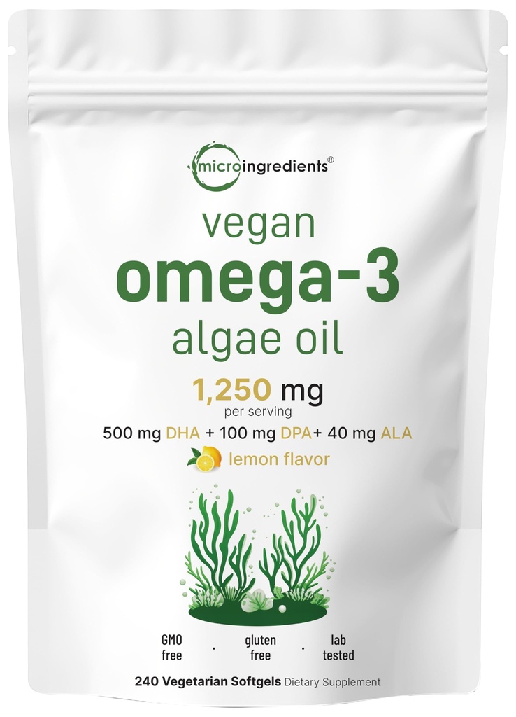 Micro Ingredians Vegan Omega 3 Algae Oil, 240 Veggie Softgeels 124; Fish Oil Alternative 124; DHA 500mg & DPA 100mg 124; Carrageenan Free 124; Plant - Based Omega 3 dengan Flaxseed & ALA; Lemon Flavored