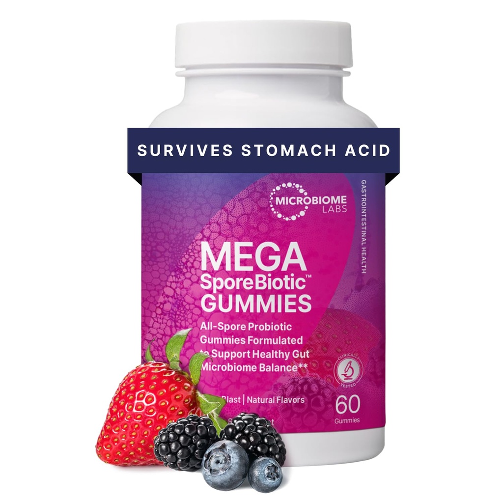 Mikrobiome Labs Spore Based Probiotic Gummies for Women, Men & Children - MegaSporeBiotic Gummies - 4 Bacillus Progories for Digetical Health & Microbiome Support - Berry Flavor (60 Gummies)