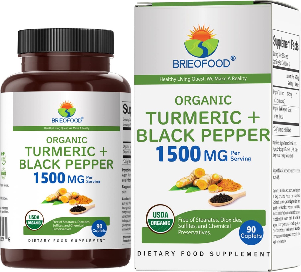 Brieofood Organic Turmeric dengan Black Pepper 1500mg, 45 pelayan, Vegetarian, Gluten Free, 90 tablet Vegetarian
