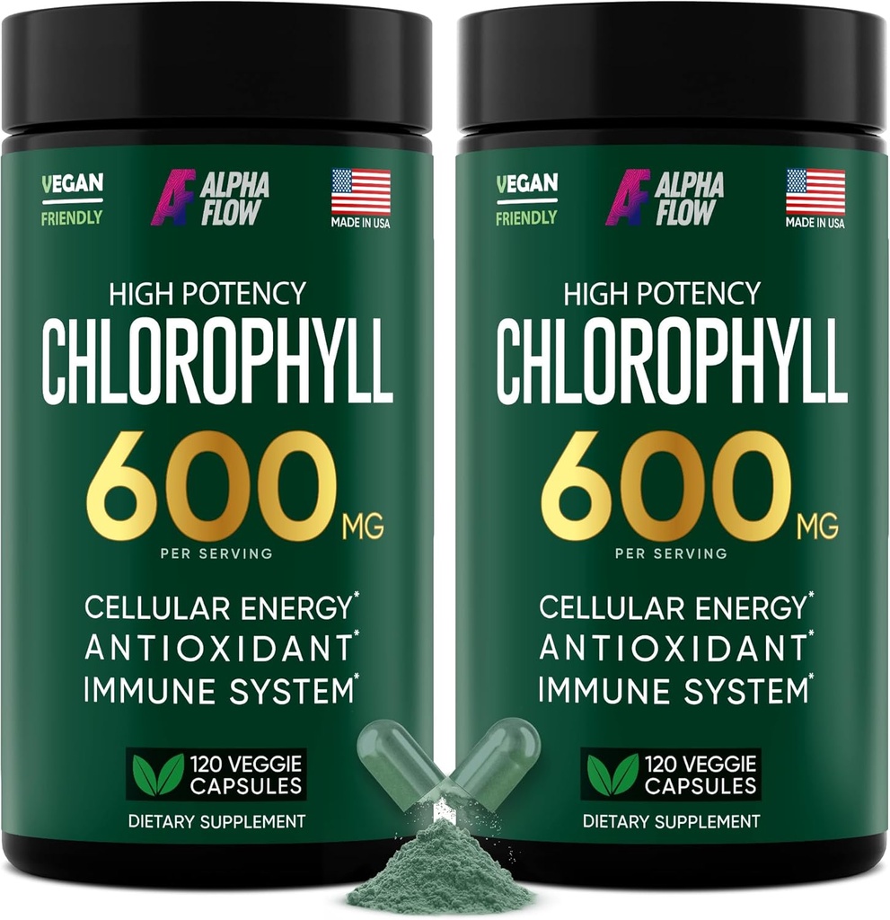 Alpha Flow [2 Pack] Chlorofil Capsules 600mg - Chlorophyll Suplemen Energi & Skin - Deodoran Internal bagi Perempuan & Pria - Alternatif untuk Drops Liquid - Pil Vegan 240