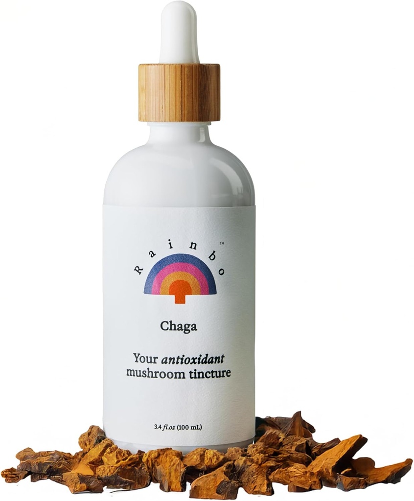 Rainbo - Chaga Mushroom Tincture - Dual Extract Mushroom Suplement - Imune Dukungan, Cellular Dukungan, Liquid Chaga Suplemen, Vegan, Non GMO, 3.4 fli oz
