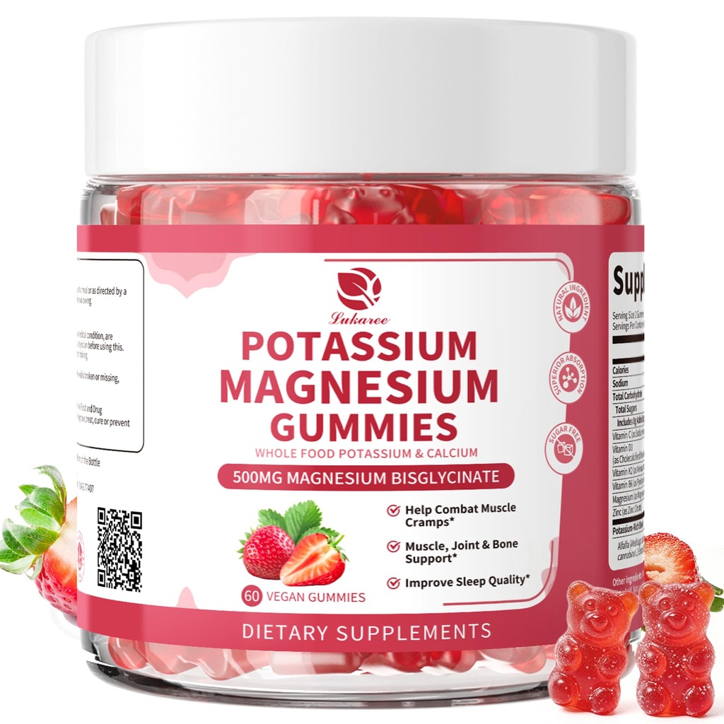 Tambahan Potassium Magnesium Gummies - New Formula Calm Magnesium Glycinate Gummies & Potasium Citrate 200 mg Plus Omega 3, B6, D3, K2 & Calcium for Zzz, Leg Kramps & Muscle - 120 Count