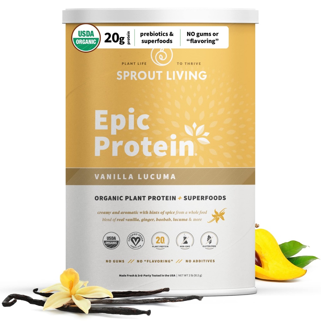 Sprout Living Epic Protein, Tanaman berbasis Protein & SuperFoods Powder, Vanilla Lucuma Powder 12.4; 20 Grams Organik Powder, Vegan, Non Dairy, Non- GMO, Gluten Free, Low Sugar (2 Pound, 24 Pelayan)