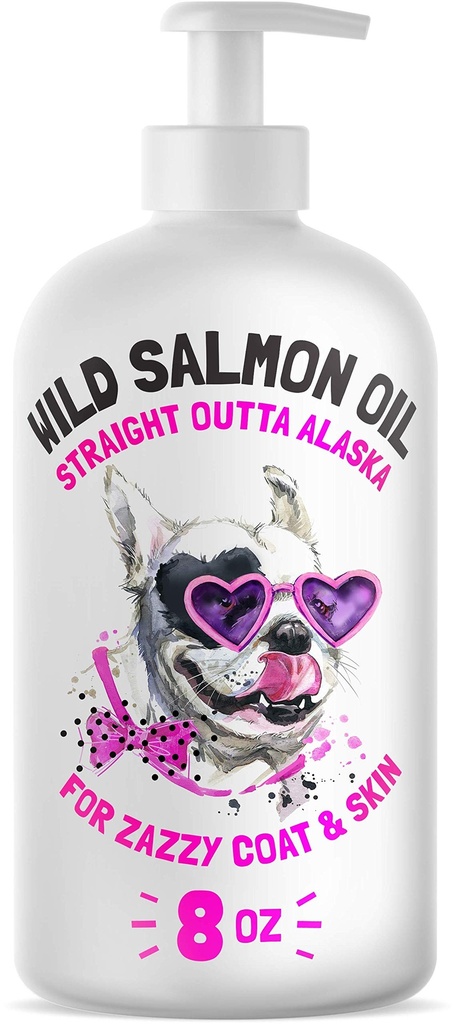 Minyak Salmon liar Alaska untuk Anjing & Kucing - Murni Ikan Omega 3 6 Cair EPA DHA Acids Gendut - Skin & Coat Suplemen - Pendukung Fungsi Gabungan, Otak, Mata, Immune & Heart Health - Dibuat di USA 8 oz