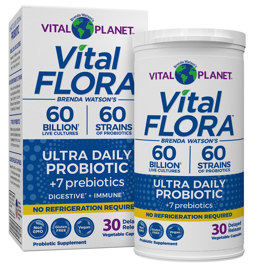 Planet Vital - Vital Flora Ultra Daily Probiotic 60 Milyar CFU, 60 Diverse Strains, 7 Organic Presules, Hammune Dukung, Digetical Health Shelf Stable Progrees for Women and Men 30 Capsules