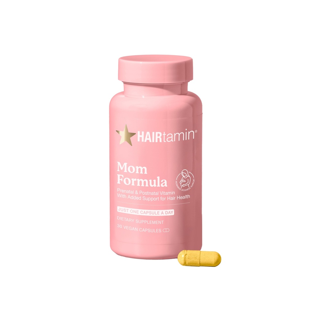 HAIRTAmin MOM Vegan Prenatal & Postnatal Multivitamin Suplemen & Rambut Vitamin Pregnancy, Postpartum, Breastfeating Probiotic One-Day Hair Vitamin with Biotin, Zinc, Iron (30 Counts)