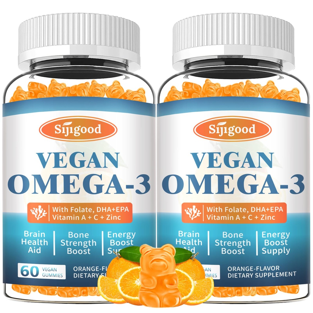 2 Pack Omega-3 Gummies Mampu Algae Omega Source, Boost Brain, Eye & Imune Fungsi, dengan DHA dan EPA Vegan & Sugar Free, Orange Flavor, 120 Count