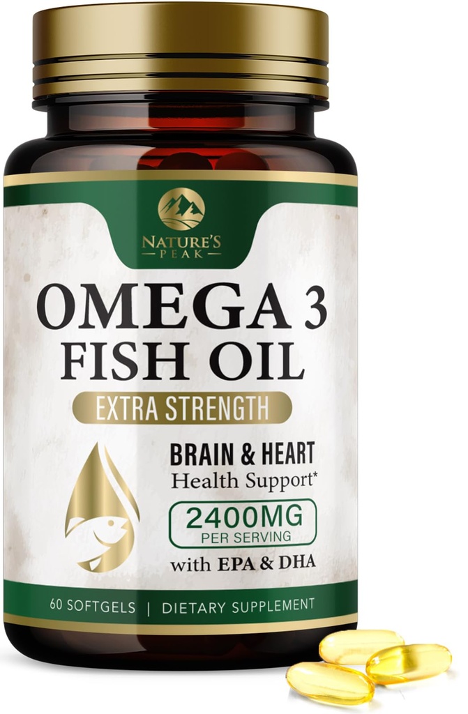 Omega 3 Pil Minyak Ikan 2400mg - Suplemen Minyak Ikan Triple Kekuatan Omega 3 - EPA & DHA Terbaik untuk Dukungan Otak & Jantung, Suplemen Omega3 Alam, Persediaan 30 Hari - 60 Softgels