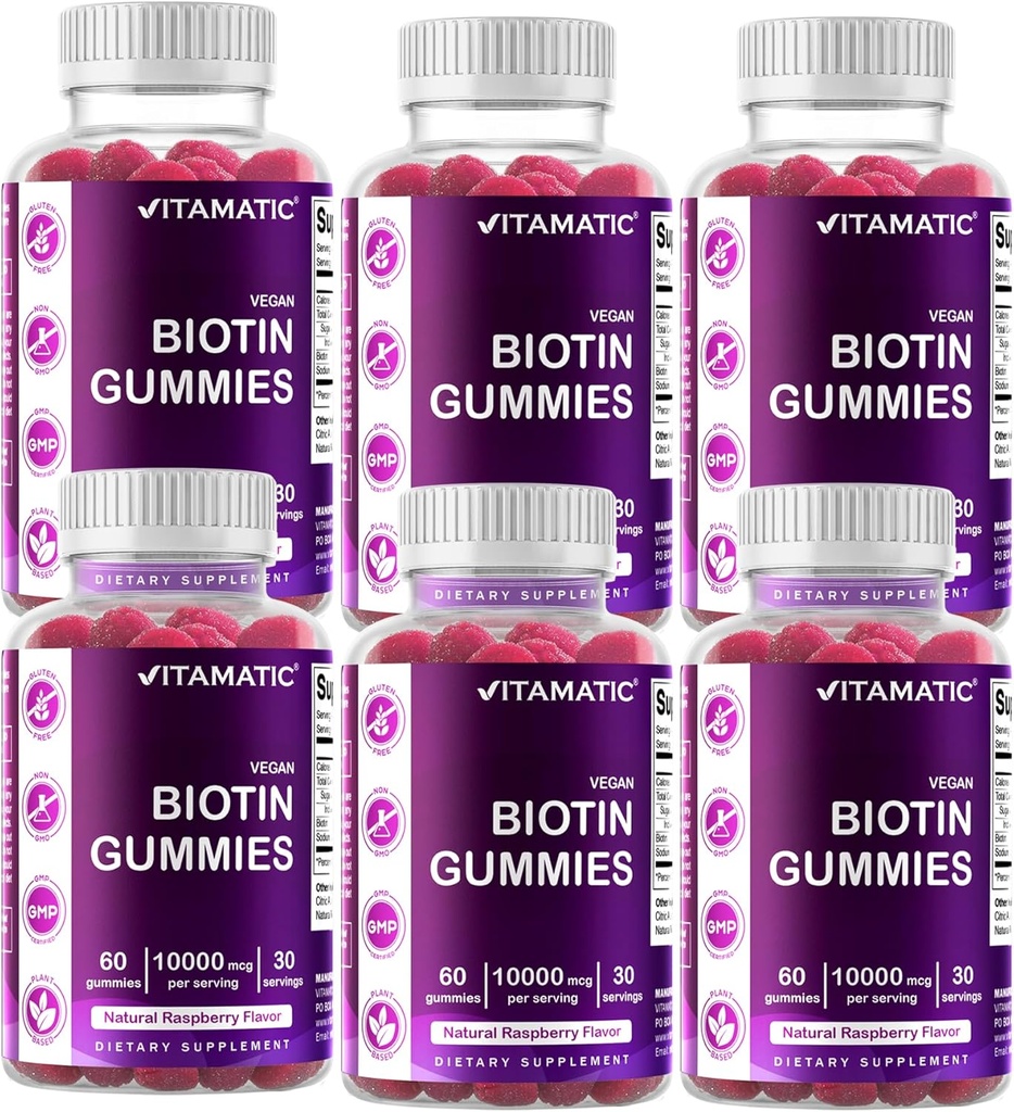 Vitamatic Biotin Gummies 10,000 mcg for Stronger Hair, Skin & Nails - 60 Vegan Gummies - juga disebut Vitamin B7 (6 Botol)