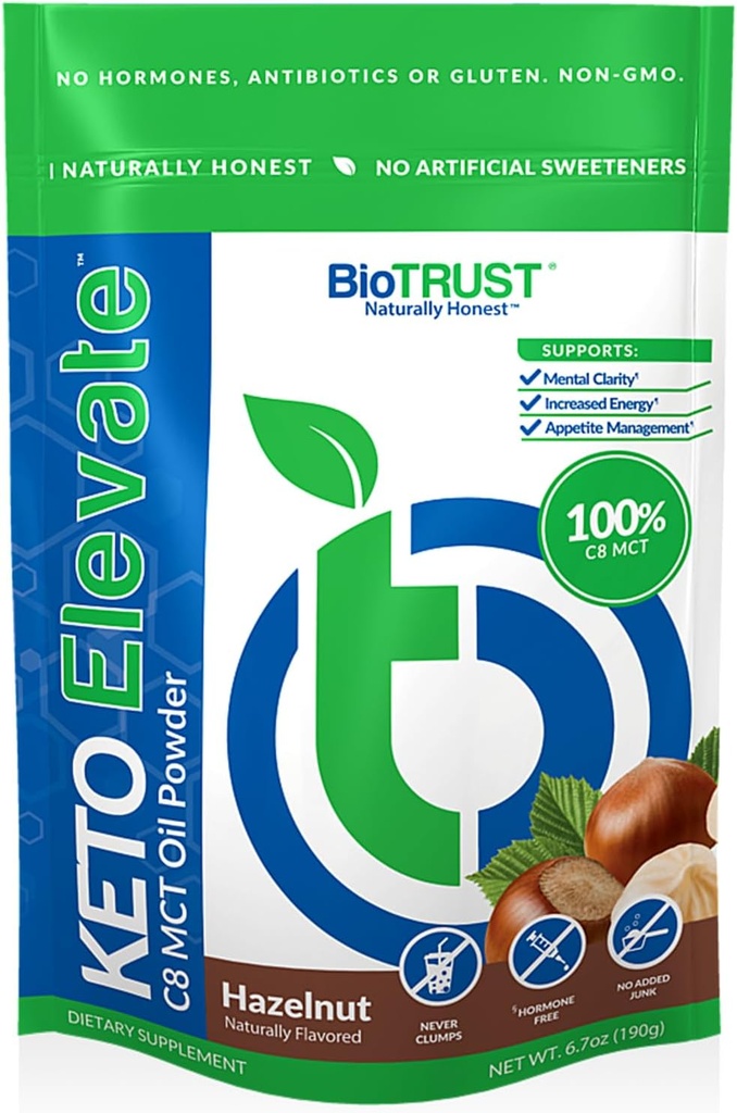 BioTrust Keto Elevate - C8 MCT Oil Powder - Kemogenic MCT Coffee Creamer, Keto Coffee Creamer - Clean Energy, Mental Focus & Clarity - 100% Caprylic Acid MCT Powder, Non- GMO (Hazelnut, 20 Pelayan)
