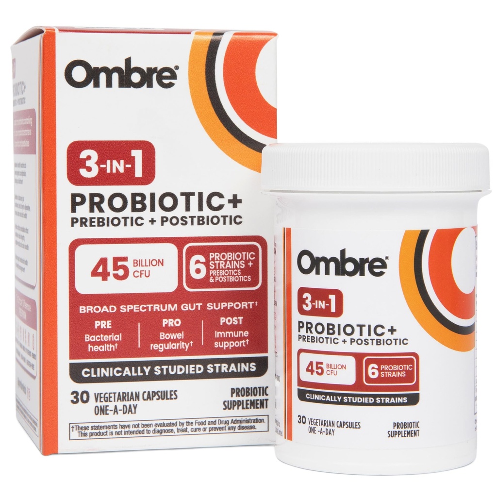 Ombre 3-in- 1 Probiotic, Prebiotic dan Postbiotic for Digetical Health & Gut - 45 Milyar CFU - Bloating, Constipation & Gas Relief - Metabolic & Immune Dukungan untuk Perempuan & Pria, 30 Hari Supply