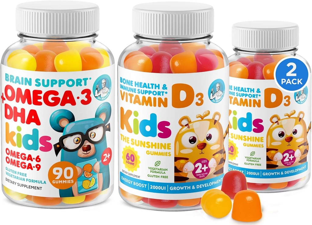 Omega 3 DHA Gummies dan Vitamin D Gummies untuk Anak-anak & Dewasa - Tidak ada Minyak Ikan dan Gluten Free Immune Kesehatan Tanaman Based Fiber Chewable