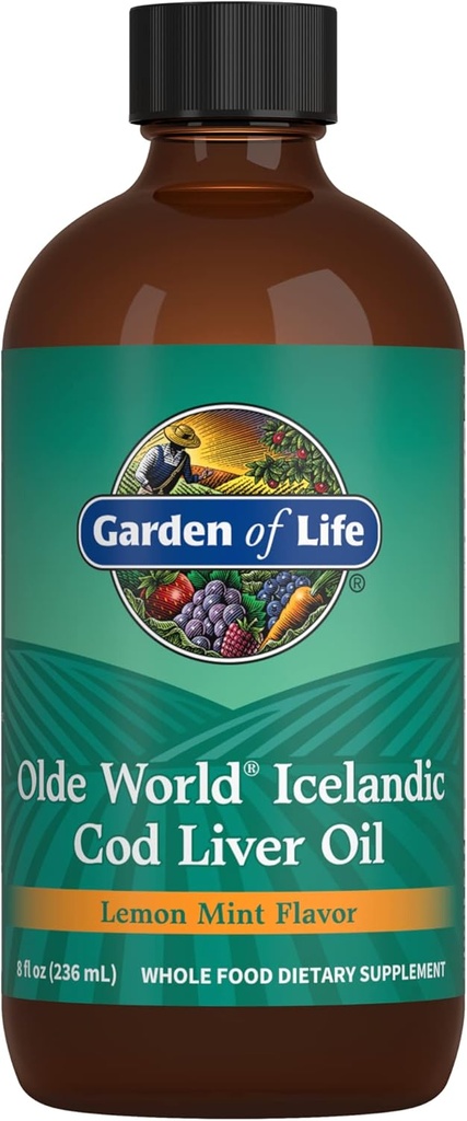 Garden of Life Olde World Icelandic Cod Liver Oil Liquid - Lemon Mint Flavor - 1.000mg Omega 3 Oil, Fatty Acids, EPA, DHA, Vitamin D & A, CLLO Suplemen Kesehatan Bumi, 47