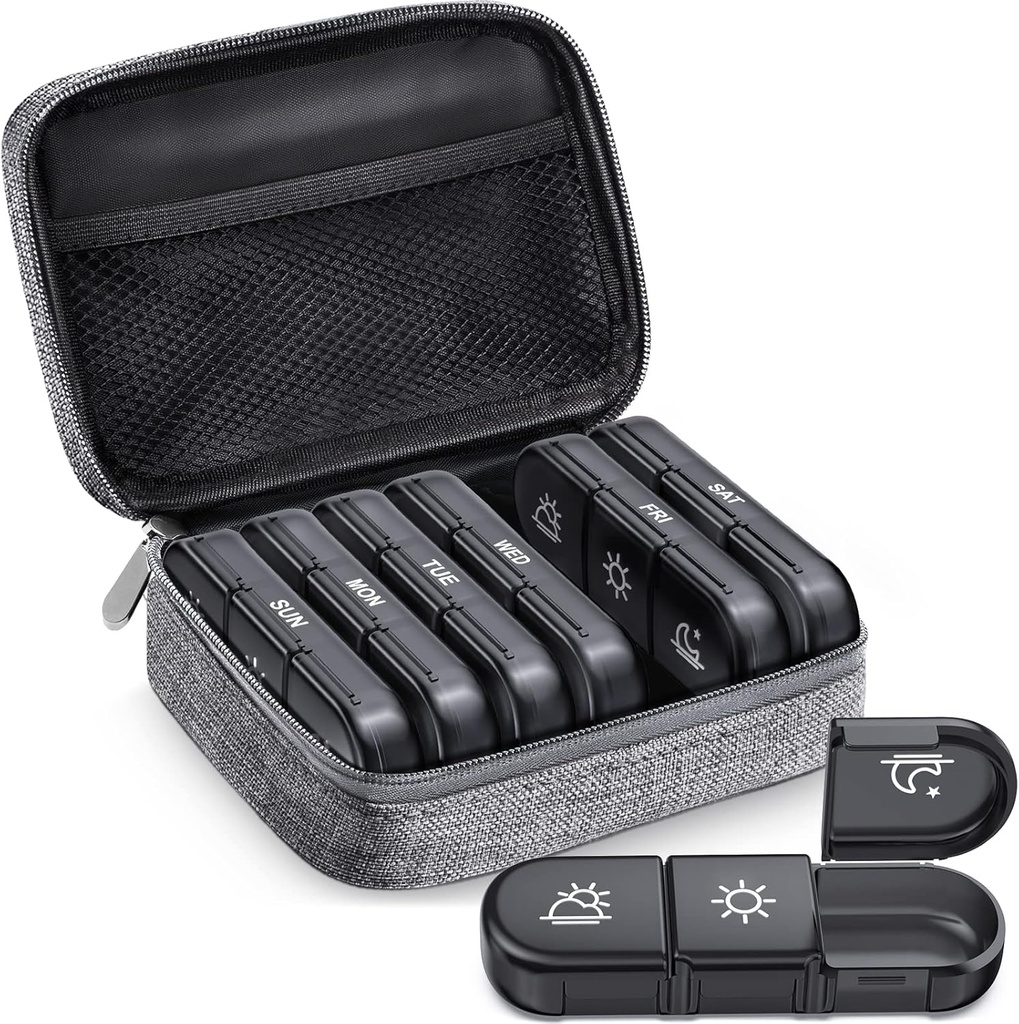 ZIKEE Large Weekly Case Organizer 3 Kali sehari, Portabel Light ProviceCag KB 7 untuk Melindungi Pengobatan Privasi dan Toko, Vitamin, Minyak Ikan, Suplemen (Grey)