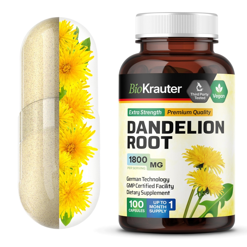 BIO KRAUTER Dandelion Root Capsules - 1800 mg Kekuatan - 100 Count - Dandelion Root Suplemen - Vegan Capsules untuk Dukungan Hati