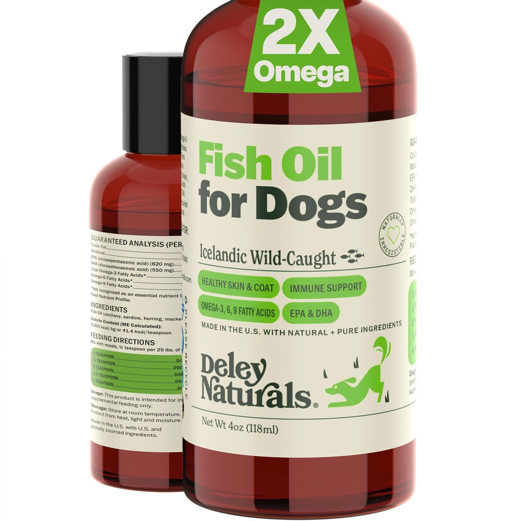 Deley Companals Dog Fish Oil Islandia 2X Omega - Dog Itching Skin Relief dengan Omega 3 6 9 for Allergies, Coat & Heart & Heart - Omega 3 Fish Oil for Dogs Skin Irritation - 4oz Omega Oil for Dogs made in USA