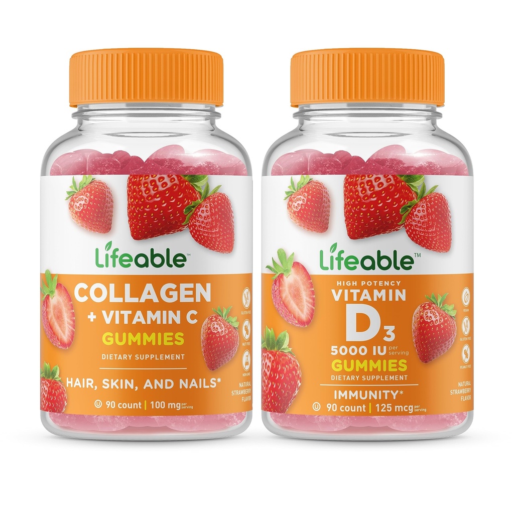Lifeable Collagen & Vitamin C + Vitamin D 5000 IU, Gummies Bundle - Great Tasting, Vitamin Suplemen, Gluten Bebas, GMO Bebas, Gummy Chewable