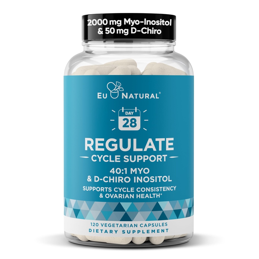 Dukungan Siklus Regulate - Keseimbangan Hormone untuk Perempuan di Optimal 40: 1 Myo- Inositol 2000 mg & D-Chiro Inositol 50 mg - Tambahan untuk Konsistensi Periode, Dukungan Menstrual & Ovulasi - 120 Vegan Capsules