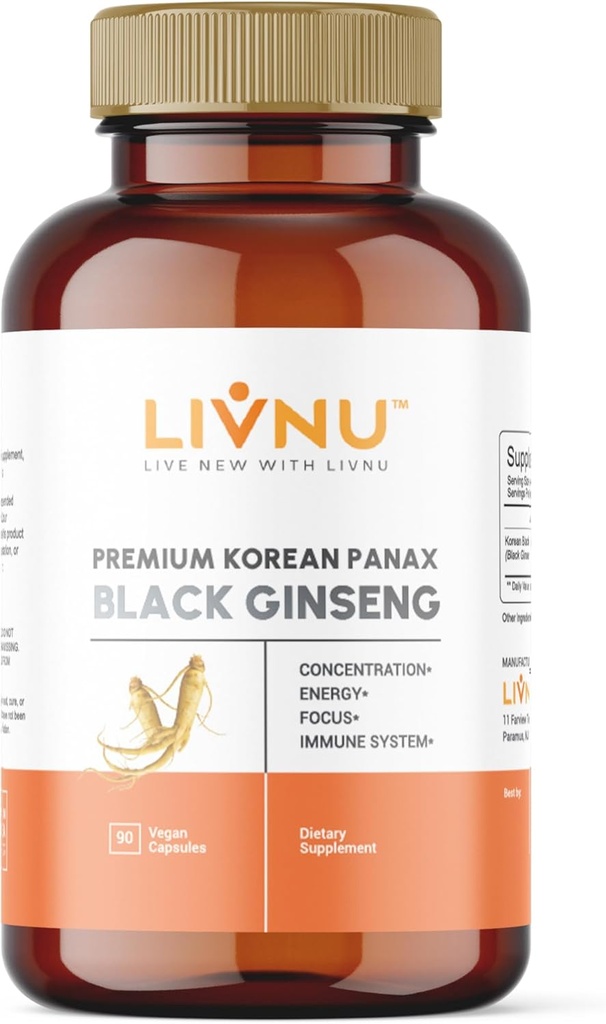 LivNu 124; Premium Korea Black Panax Ginseng 124; High Ginsenosides for Energy, Focus, Performance, Stamina, dan Imune Support 12.4; Vegan Pil