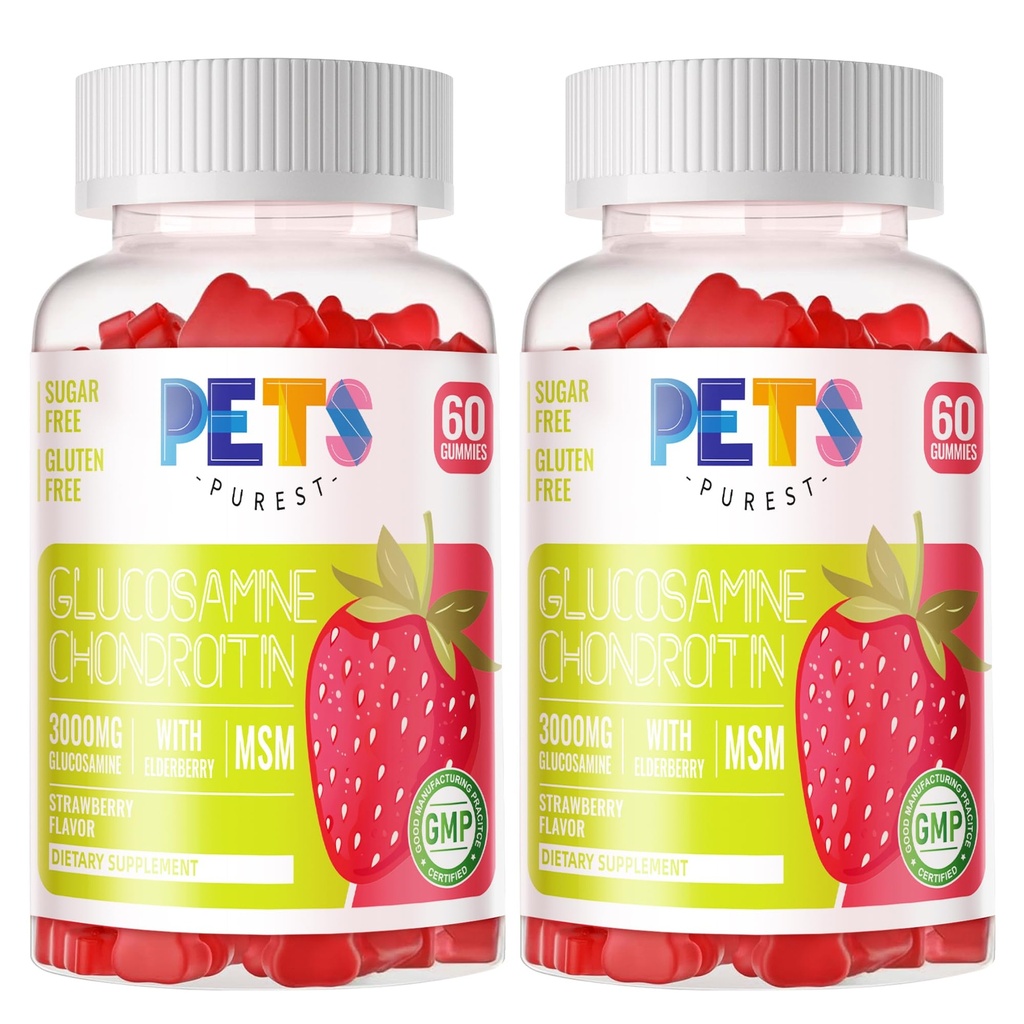 Pets Purest Glucosamin Chondroitin Gummies with MSM & Elderberry Extra Strength - Joint, antioksidant Immune Suppplemen untuk Dewasa, Pria & Perempuan. (2 Pack) Strawberry