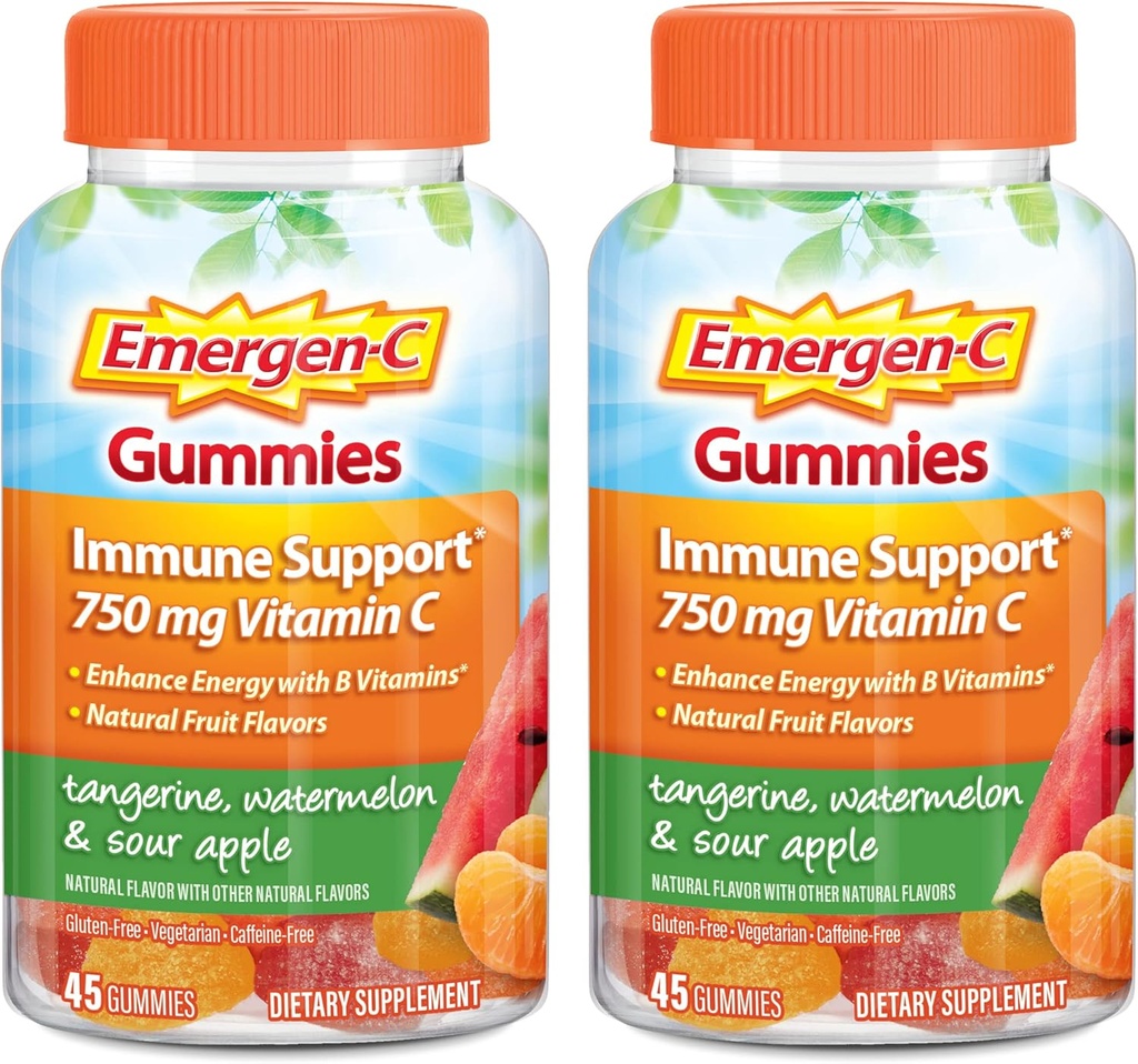 Emergen- C Vitamin C Gummies, Dietary Supplement for Imune Dupport, Tangerine, Watermelon dan Sour Apple Flavor - 45 Cacah x 2 (Paket 2)