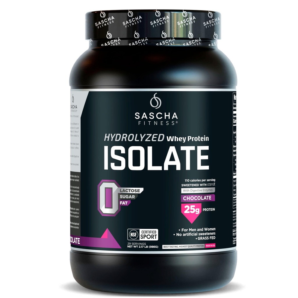 SASCHA FITNESS Hydrolyzed Wey Protein Isolate, 100% Grass- Fed (2 Pound, Chocolate)