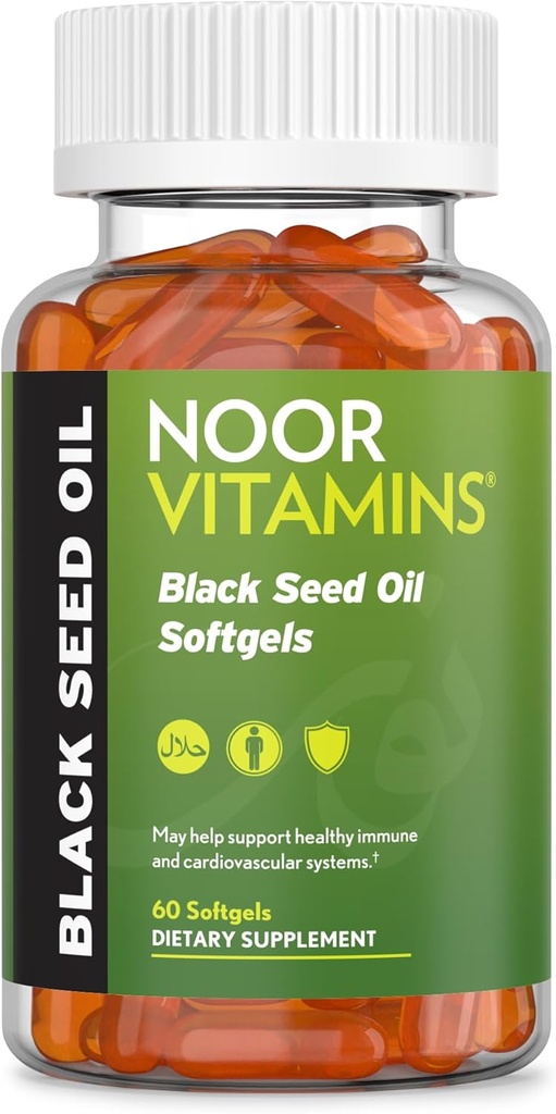 Noor Vitamin Halal Black Seed Oil Capsules, Halal Vitamin, 1000 mg Black Benih Minyak dari Nigella Sativa, Thymoquinone, Non-GMO, Gluten Free, 60 Count