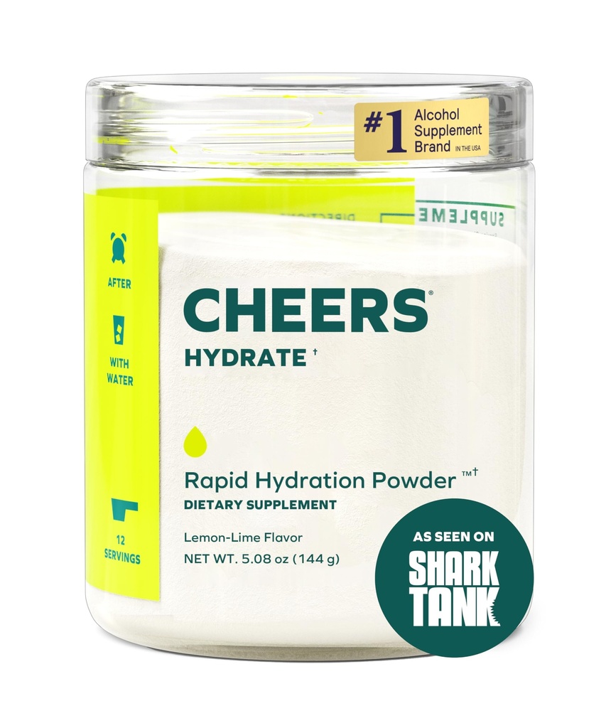 Cheers Hydrate 124; Oral Rehydration Solution Solusi 124; Electrolite untuk Rapid Hidration 14; Lemon Lime Flavor 124; 12 Services 124; Electrolite Suplemen dengan Sodium, Potasium, Glukosa