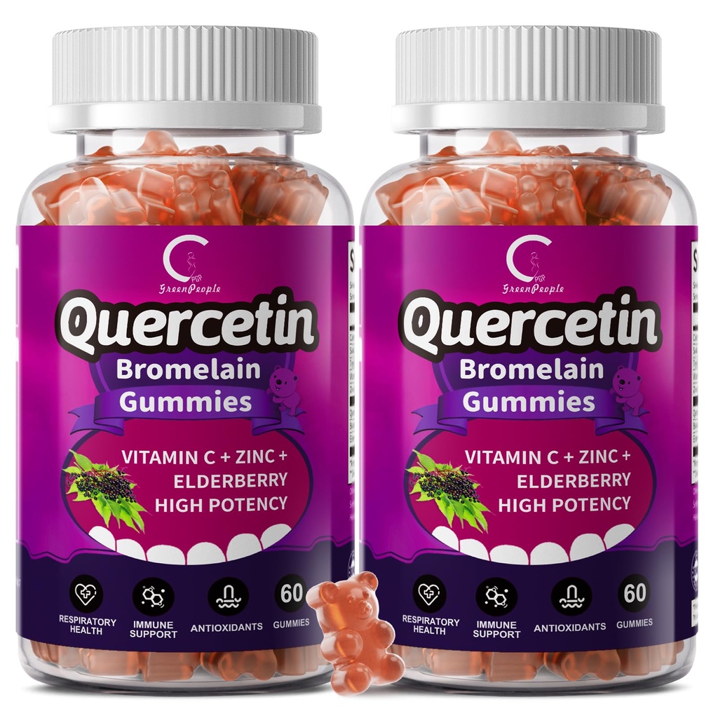 Quercetin Gummies - Quercetin dengan Bromelain, Vitamin C, Zinc & Elderberry, Ekstra Kekuatan kekebalan tubuh Booster, Lung Dukungan Suplemen untuk Anak Dewasa - 60 Quercetin Gummies (2 Pack)