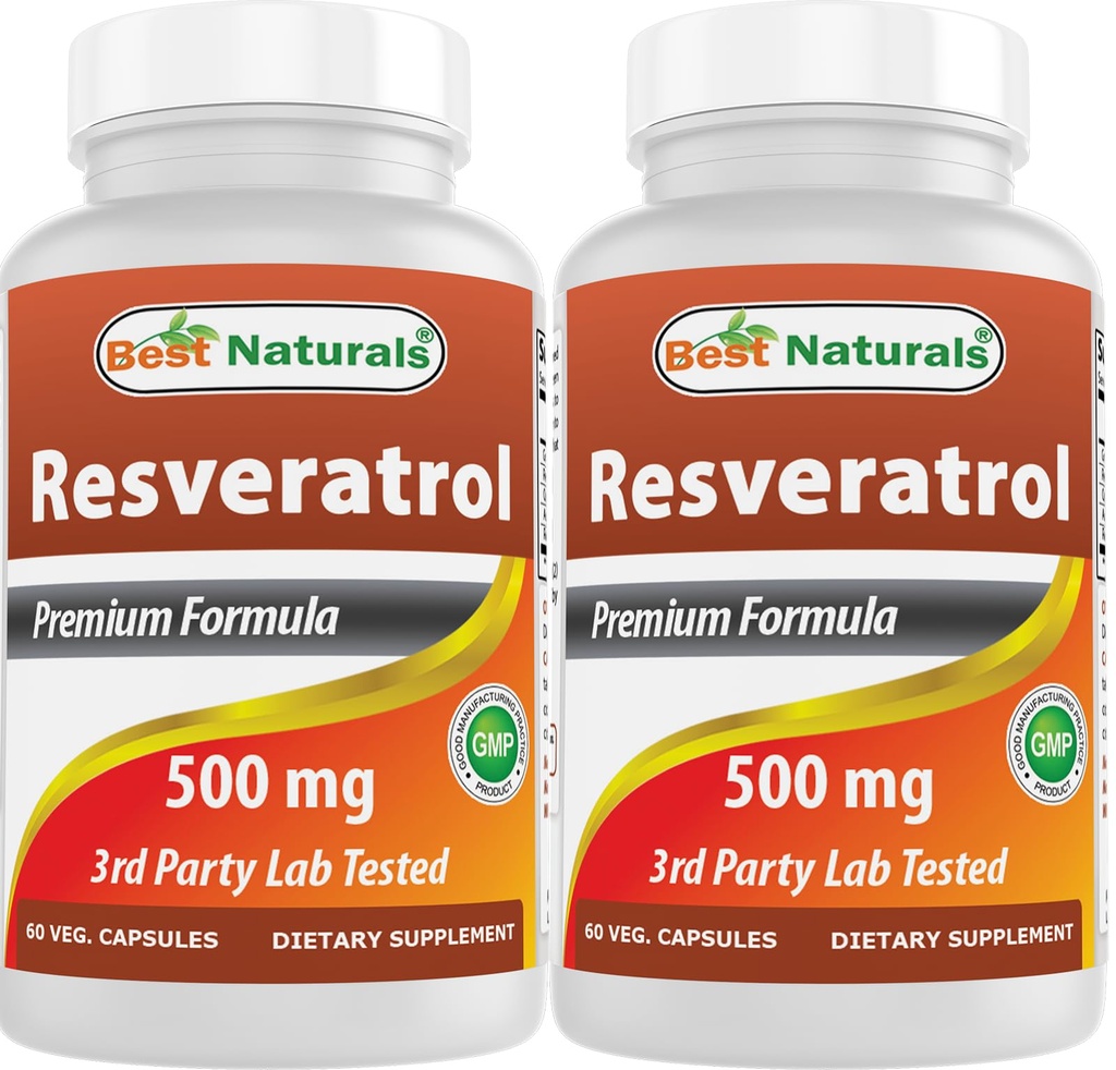 Kompleks Resveratrol 2 Terbaik 500 mg 60 Veg Capsules Dibuat dengan Grape Skin, Red Wine, Quercetin - Gluten Free & Non GMO - (Total 120 Capsules)