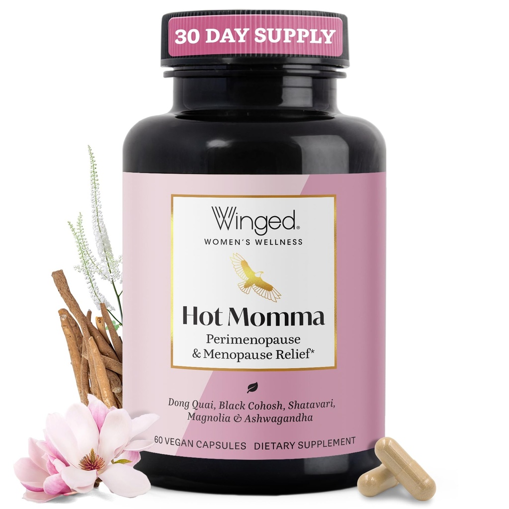 Winged Wellness Hot Momma Menopause Suplemen Perempuan - Hormone- Free Menopause Relief Dukungan Panas & Cuaca Malam dengan Chaste Tree Berry, Multivitamin & Lebih - 60 Vegan Capsules