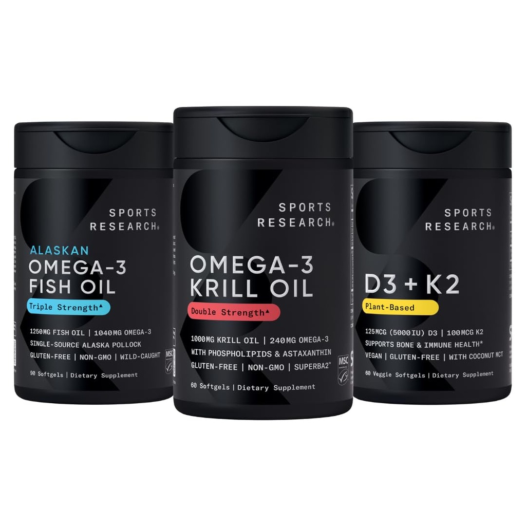 Penelitian Olahraga Antartika Krill Oil Omega 3 1000mg (Kekuatan Ganda) dengan Phospholipids, Cholin & Astaxanthin, Triple Kekuatan Omega 3 Ikan Oil Single - Sumber Alaska Pollock 1250mg, Vitamin D3 K2