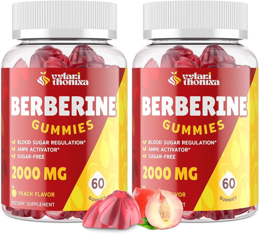 2000mg Suplemen Gummies - Potency Berberine Tinggi dengan Ceylon Cinnamon Candy, Turmeric, Magnesium, Chromium - Gula Bebas, Vegan, Non- Gluten- Free - Peach Flavor 60 Gummim - 2 Pack