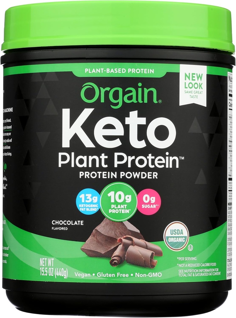 Orgain Organic Keto Vegan Protein Powder, Chocolate - 10g Tanaman berbasis Protein, 0g Sugar *, Avocado & Coconut Oil, Gluten Free, No Dairy, Laktosa atau Soy Ingreations, Untuk Smoothies & Shakes, 0.97lb