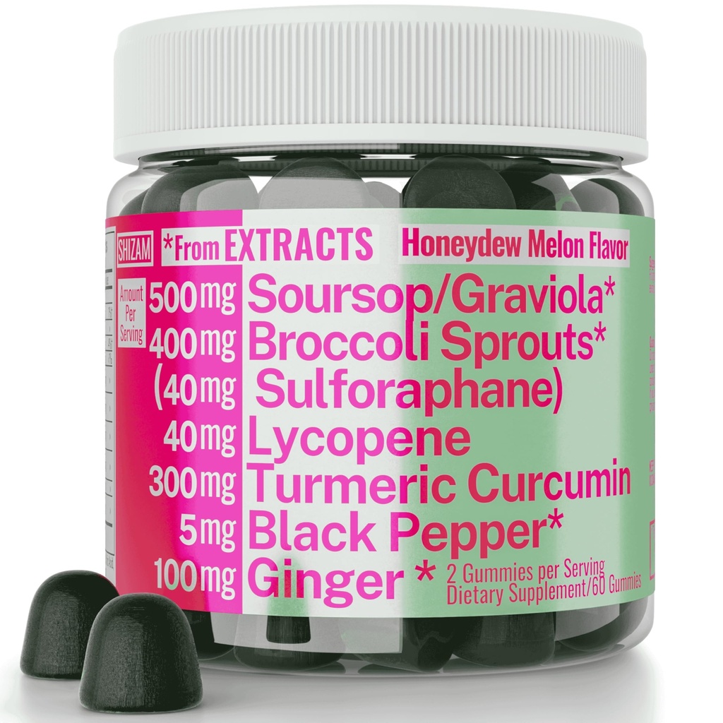 Soursop Graviola Curcumin Lycopene Brocoli Sprouts Sulforaphane Extract Gummies with Turmeriic Curcumin Ginger Black Pepper, Sop Guyabano Leaf Suplemen, Chew Picles Cafulles Suplemen