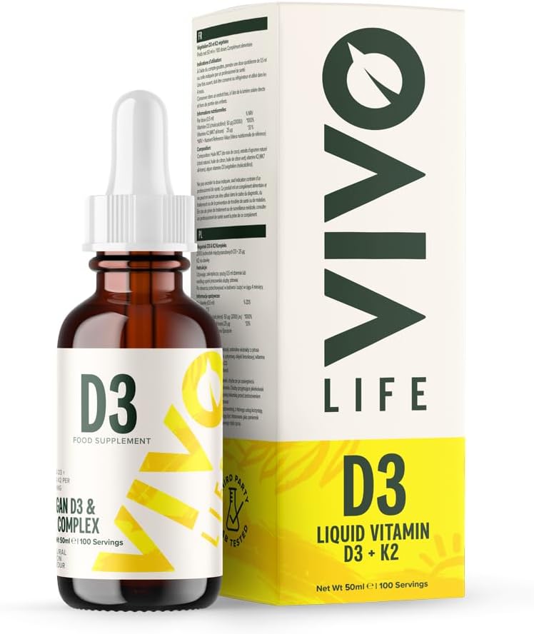 Vivo Life - Vitamin D3 K2, 50ml Kompleks Liquid Drops, 2000iu dari D3, Penyesuaian Kesehatan Vegan untuk Pria dan Wanita, 100 pelayan
