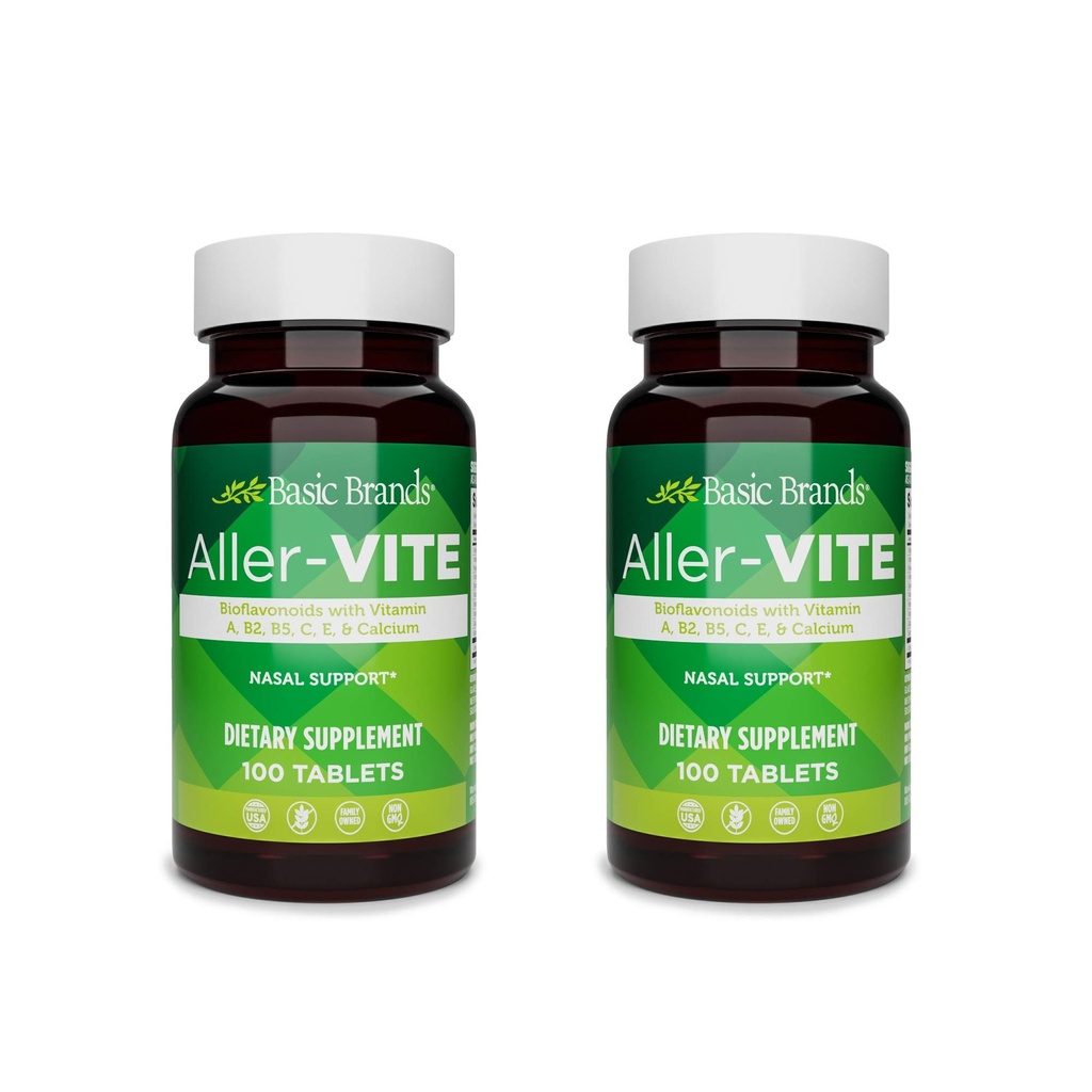 Dasar Brands Aller- Vite - Relief Natural Allergy Tablet - Homeopathic Sinus & Nasal Dukungan dengan Bioflavonoid, Vitamin A, B2, B5, C, E & Calcium - 100 Tegan Tablet - 2 - Pack