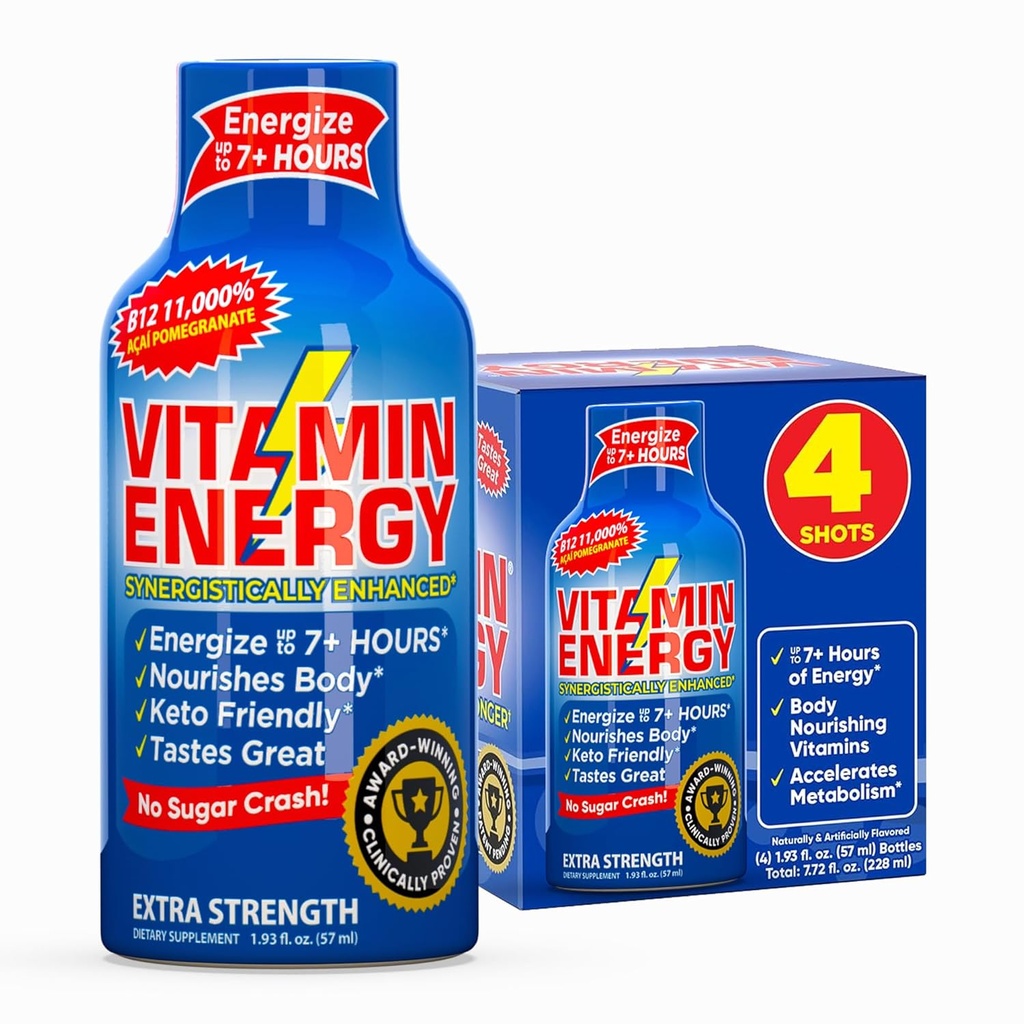 Vitamin Energy B11.000% Energi Ekstra Shot Açaí Poteciate 4 Pack, 260mg Natural Caffeine, B12 & B6, Nootropic Focus, Vitalitas, Zero Sugar, Gluten- Free, Vegan, Kosher, 1.93 fl oz