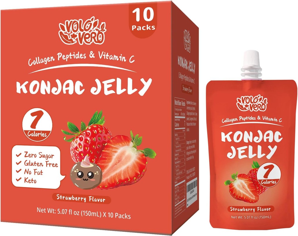 Konjac Jelly Pouch Drinkable Strawberry Flavor, 7 Calories, Gluten Free, Zero Sugar, Keto, Collagen Peptides dan Vitamin C, Low Fat Healthy Fruit Snacks, Holiday Gifts, 10 Packs