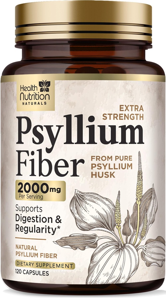 Psyllium Husk Capsules 1500 mg - Pil Persediaan Serat Alami, Pencerna Harian, Colon Health, & Regularitas Dukungan, Tanaman Berdasarkan Psyllium Husks Powder Caps, Vegan, Non- GMO 120 Veggie Capsules