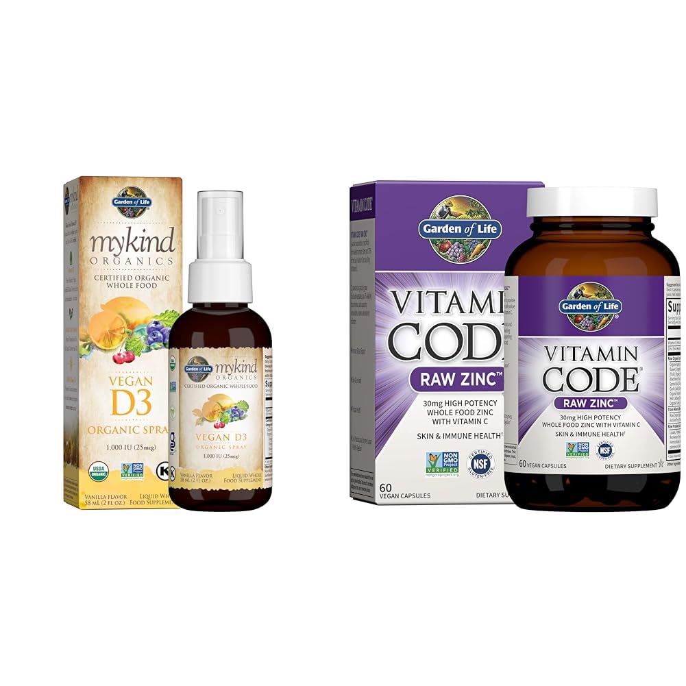 Taman Kehidupan Organik Vegan D3 Spray 1000 IU, Suplemen Zinc 30mg - Vitamin C, Imune & Skin Health