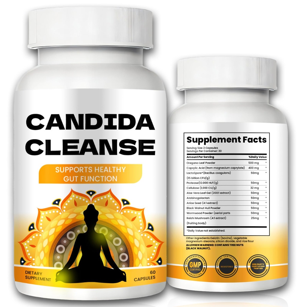 Candida Cleanse - Gut & Colon Dukungan, Formula Lanjutan - Oregano Leaf, Wormwood, Black Walnut, Caprylic Acid