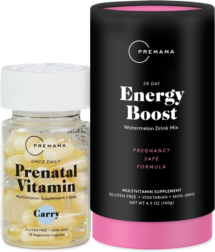 Premmama Prenatal Vitamin Energy Boost Drink Mix & Prenatal Dukungan Bundle, Omega 3, B Vitamin, DHA, Flolate, 28 Hamba