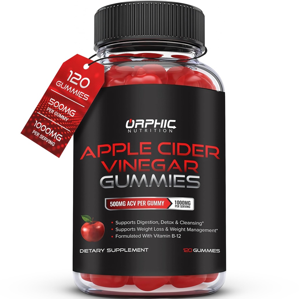 ORPHIC NUTRITITION Apple Cider Vinegar Gummies - 10000mg - ACV Woight Loss Gummies - Support Diathable, Detox & Cleansing - VIT B12, Beetroot - Gomitas de Vinagre de Manzana (120 pcs)